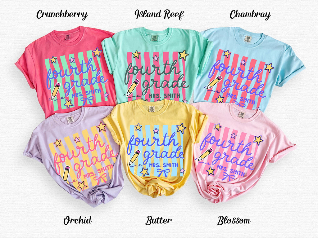 Fourth Grade Teacher Comfort Colors Personalized 4th Grade Teacher Retro Wavy Stripes Tee Custom Fourth Grade Teacher (1)
