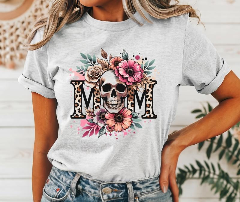 #046 - Skull Mom Cheetah Floral Flower - Print Unisex Crew neck Tee T-shirt - Shirt