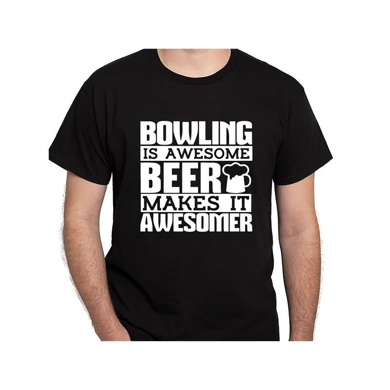 1 Men'S Cotton T-Shirt, Casual Crew Neck, Short Sleeve, Regular Fit, Knit Fabric, Non-Stretch, with "Bowling is Awesome"...