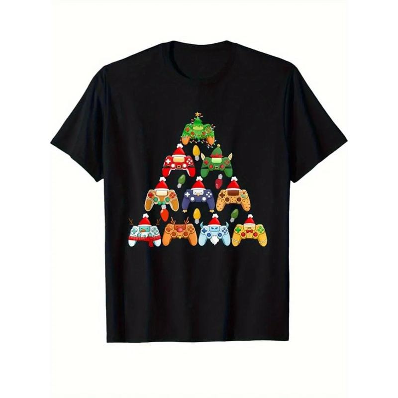 1 Piece, 100% Cotton, Christmas Tree Monogram Printed T Shirt, Seasonal Casual New Wave Men's T Shirt, Crew Neck High...