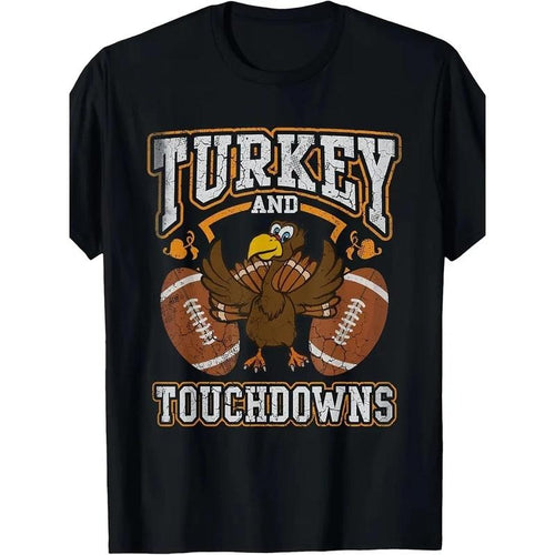 1 Piece, Men's 100% Cotton, Thanksgiving Turkey and Touchdown Football Men's T-Shirt. Classic Fit, Short Sleeve - Black,...