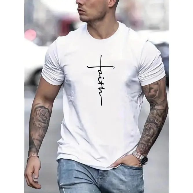 1 pc, 100% cotton T-shirt, Faith Letter Applique Men's T-Shirt
