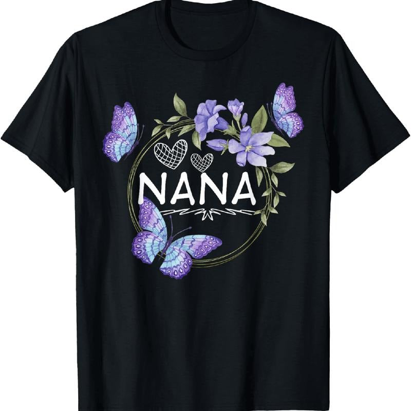[100% Cotton] Elegant Nana Purple Butterfly Floral Heart Design T-Shirt For Grandma Lovers Hoodie, Sweatshirt