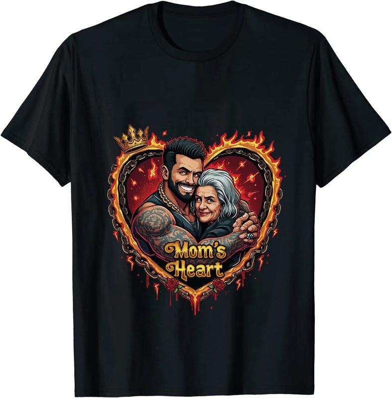 [100% Cotton] Fiery Heart Mom Love Cartoon Tattoo Man Grandma Hug T-Shirt Hoodie, Sweatshirt | TeeBloomCo.com