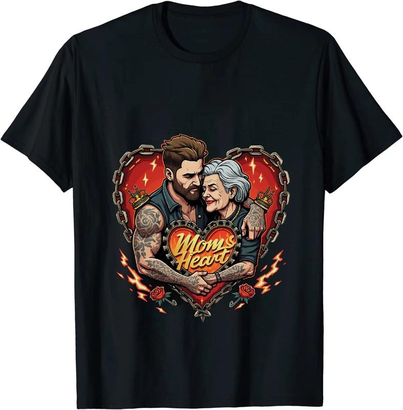 [100% Cotton] Mom Heart Tattoo Love Couple Embrace Passion T-Shirt With Crown And Flames Design Hoodie, Sweatshirt