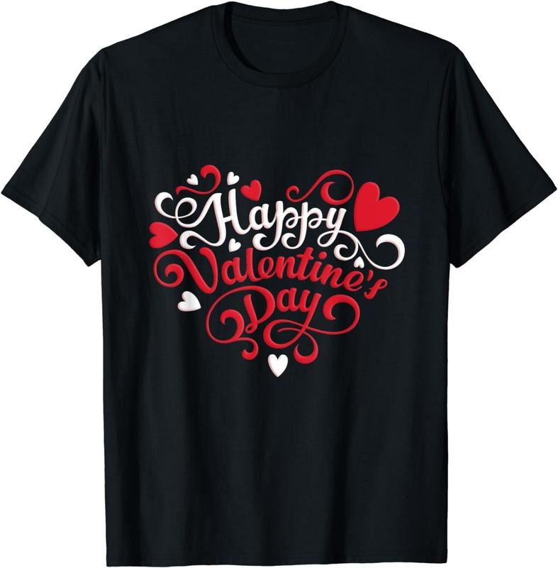 [100% Cotton] Romantic Happy Valentines Day Love Heart Design T-Shirt With Elegant Cursive Font And Festive Decorations...