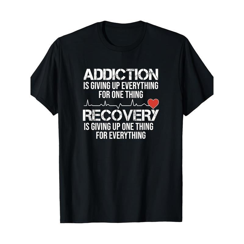 100% Cotton Knit T-Shirt with Heartbeat EKG Recovery & Addiction Quote - Regular Fit, Short Sleeve Crew Neck Adult Tee,...