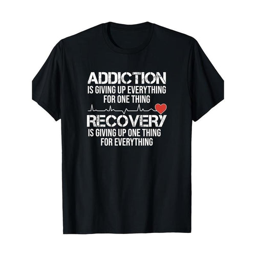 100% Cotton Knit T-Shirt with Heartbeat EKG Recovery & Addiction Quote - Regular Fit, Short Sleeve Crew Neck Adult Tee,...