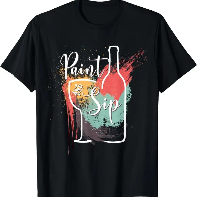 [100% Cotton]Paint and Sip Party Night Wine and Canvas Art Novelty T-Shirt Hoodie, Sweatshirt | TeeBloomCo.com