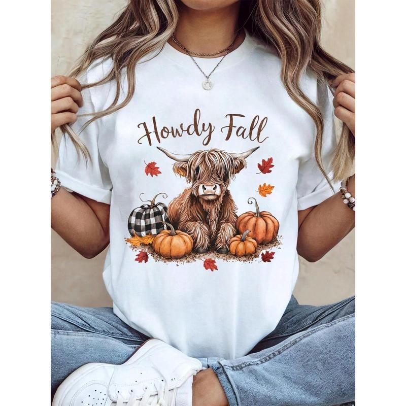 100% Cotton Thanksgiving Graphic Women T Shirt Howdy Fall Highland Cow Happy Thanksgiving Autumn Vibes Fall T-Shirt...