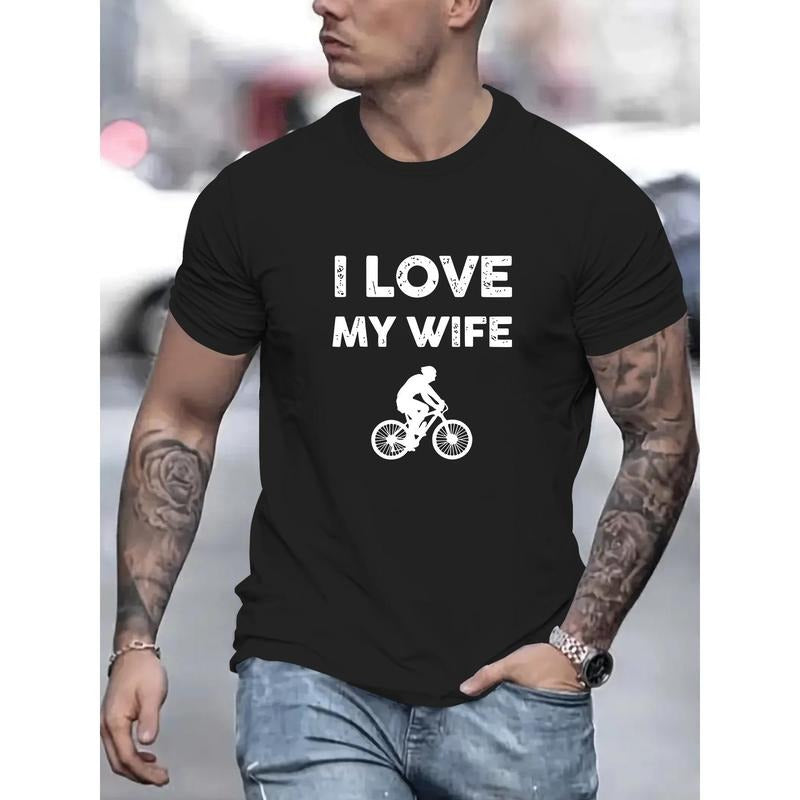 100% cotton T-shirt, I Love My Wife Print, Men's Round Crew Neck Short Sleeve, Simple Style Tee Fashion Regular Fit...