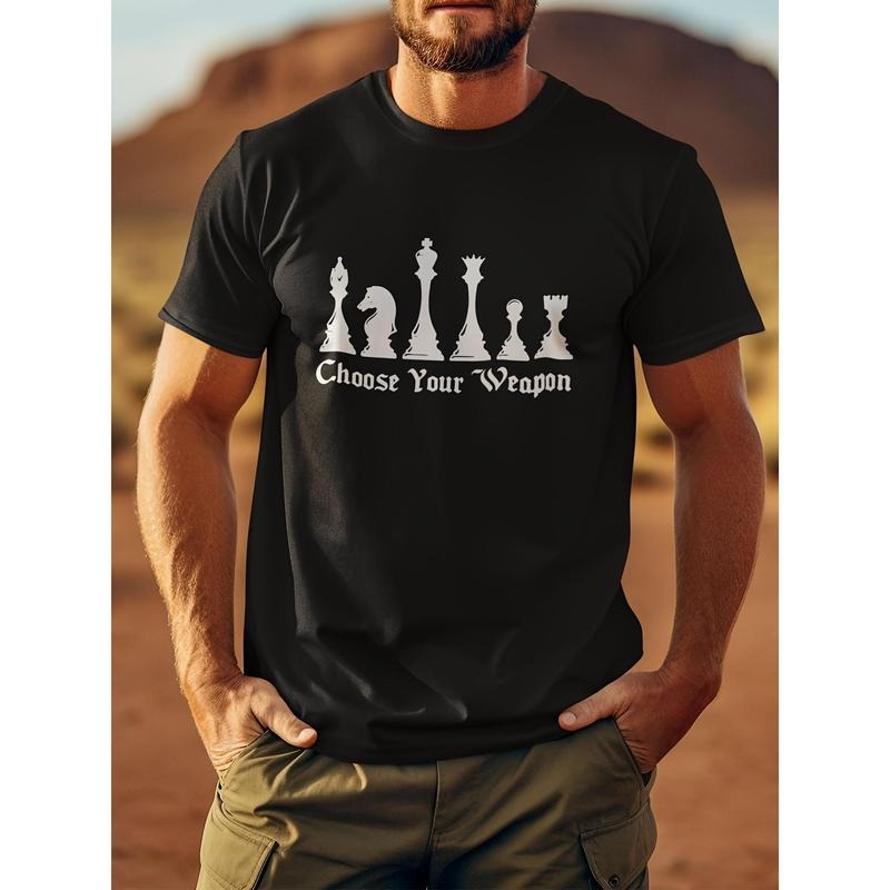 100% cotton T-shirt, Men's Chess Pattern And Letter Print T-shirt, Crew Neck And Short Sleeve Tee, Stylish And Cool Pure...
