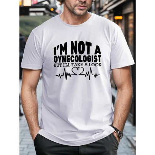 100% cotton T-shirt, Plus Size Men's GYNECOLOGIST Print T-shirt, Casual Short Sleeve Round Neck Top For Summer Outdoor...