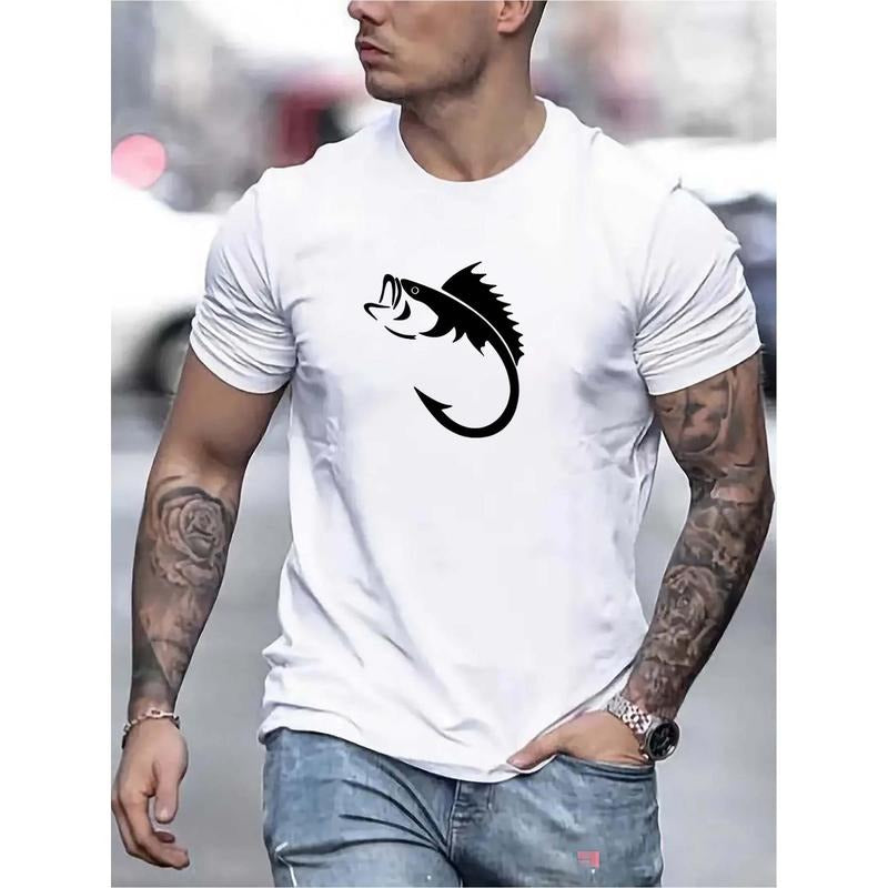 100% cotton T-shirt, fishbone print, men's graphic design crewneck sports T-shirt, fashion personality design, summer...