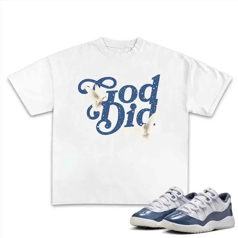 11S Diffused Blue God Did Cotton Menswear Top Streetwear Shortsleeve Tshirt Hoodie, Sweatshirt | TeeBloomCo.com