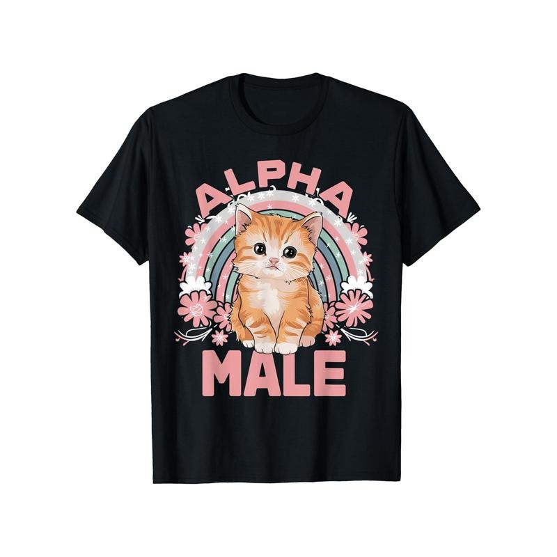 180g Pure Cotton Single-Sided Printed Round Neck T-Shirt Cat Alpha Male Watercolor Cute Cat Paint Colorful Cat Shirt Men...