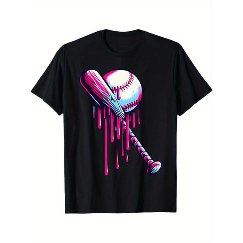 1pc Baseball Bat Drip T-Shirt for Men - 100% Cotton Casual Tee with Graphic Print, Round Neck, Stretch Fabric, All-Season...