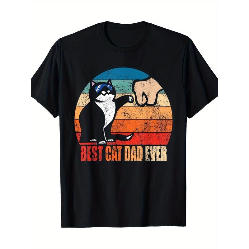 1pc Best Cat Dad Ever T-Shirt - 100% Cotton Crew Neck Tee with Applique Detail, Casual Fit, Slight Stretch, Summer Knit...