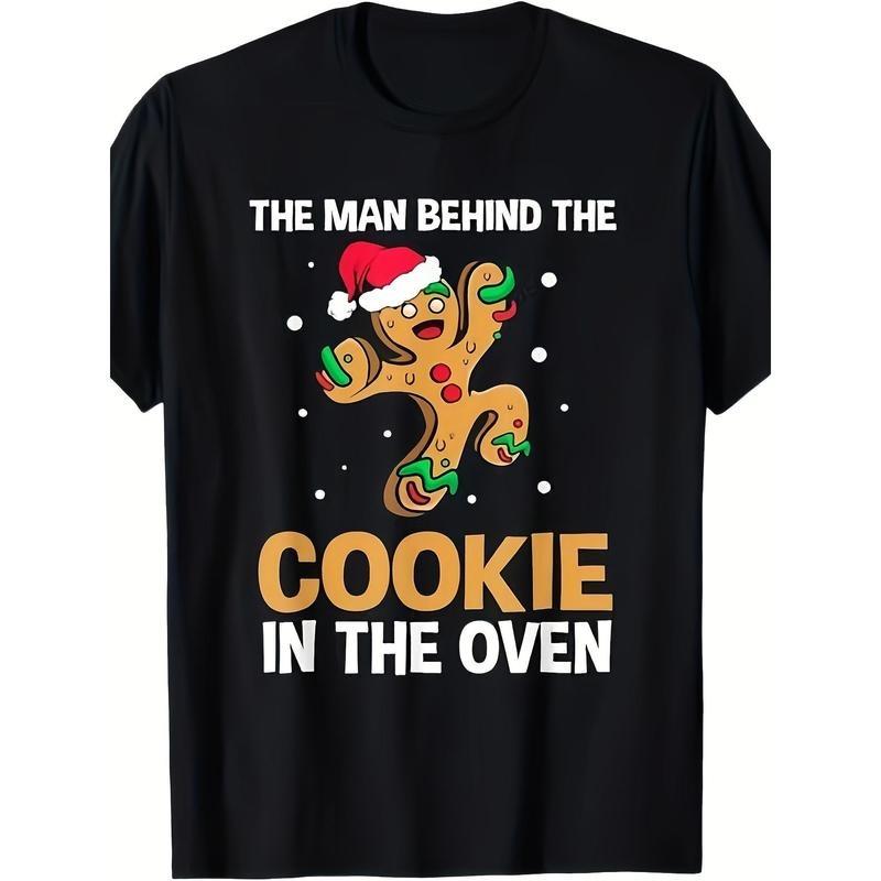 1pc Boho Style Christmas Gingerbread Man Print T-Shirt- 100% Cotton Crew Neck Short Sleeve Casual Tee for Adults-...