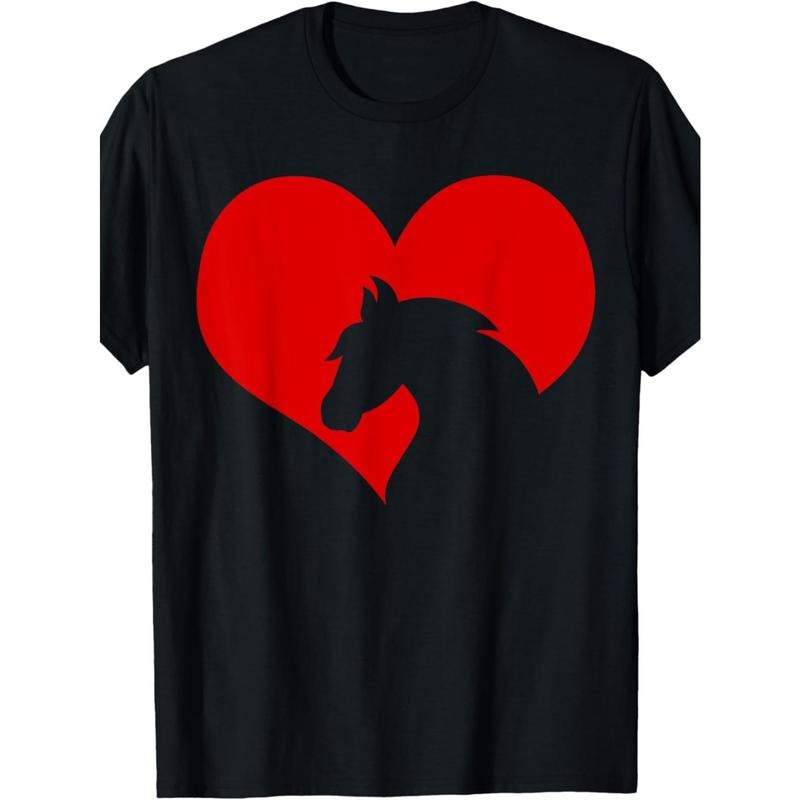 1pc EWH Men'S Casual Cotton T-Shirt with Equestrian Horse Heart Silhouette Print, Round Neck, Loose Fit, Knitted Fabric,...