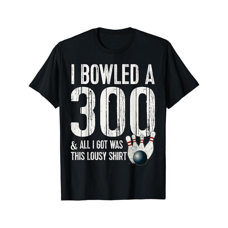 1pc Men'S Bowling 300 Score Graphic Tee, Cotton Sports Crew Neck T-Shirt with Slight Stretch, All-Season Knit Fabric,...