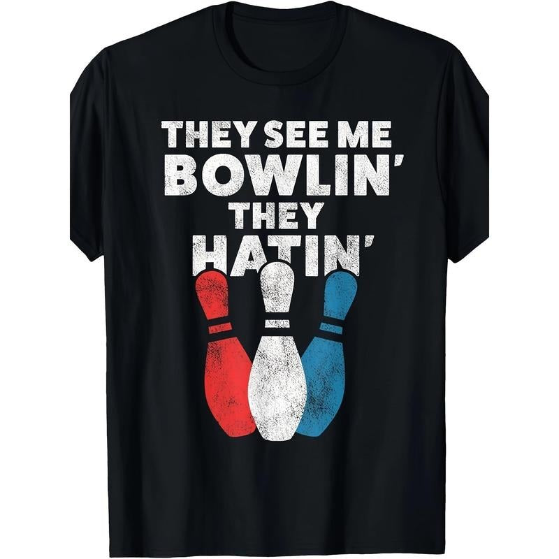 1pc Men'S Bowling Themed Cotton T-Shirt, 180gsm High Stretch Knit Fabric, Crew Neck, Short Sleeve, Regular Fit, Digital...