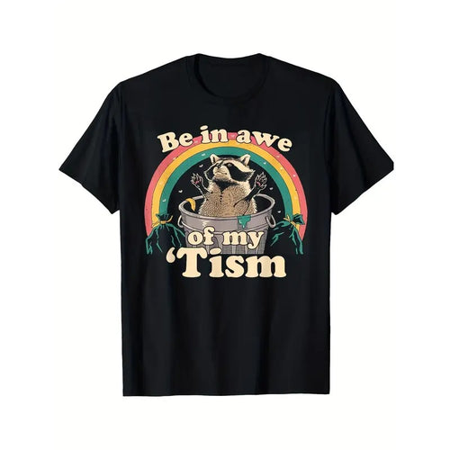 1pc Men'S Casual Cotton T-Shirt with Autistic Raccoon Print, Crew Neck, Knit Fabric, Non-Stretch, All-Season, Regular Fit