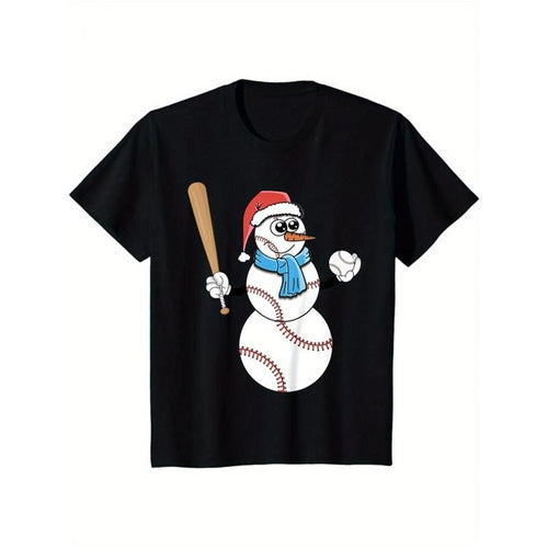1pc Men'S Christmas Snowman Baseball Bat Print T-Shirt - 100% Cotton, Casual Crew Neck, Short Sleeve, Boho Style, Loose...