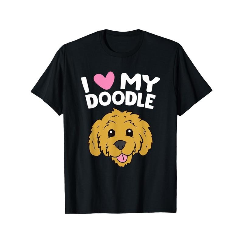 1pc Men'S Cotton T-Shirt with Goldendoodle Print, "I Love My Doodle" Casual Crew Neck, All-Season Loose Fit with Slight...