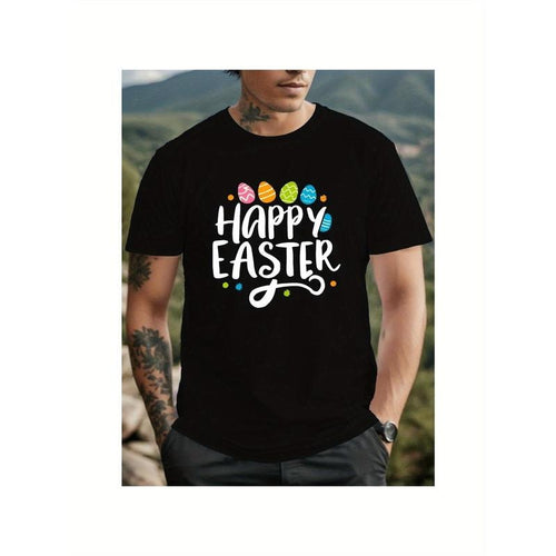 1pc Men'S Happy Easter Vintage-Inspired Cotton T-Shirt, 100% Cotton Fabric, Crew Neck, Short Sleeve, Regular Fit, Weekend...