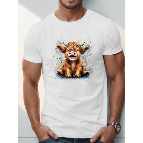 1pc Men'S Summer Casual T-Shirt with Cute Yak Print, Polyester Fabric, Round Neck, Regular Fit, Geometric Pattern Design,...