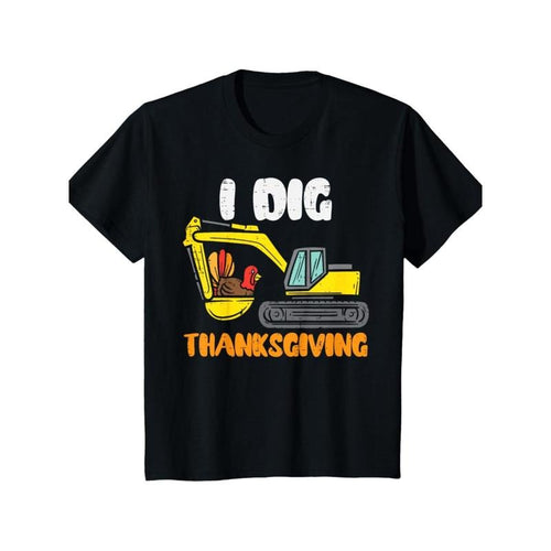1pc Thanksgiving Excavator T-Shirt - Cotton Crew Neck Tee with Slight Stretch, Geometric Pattern, Applique Detail for...