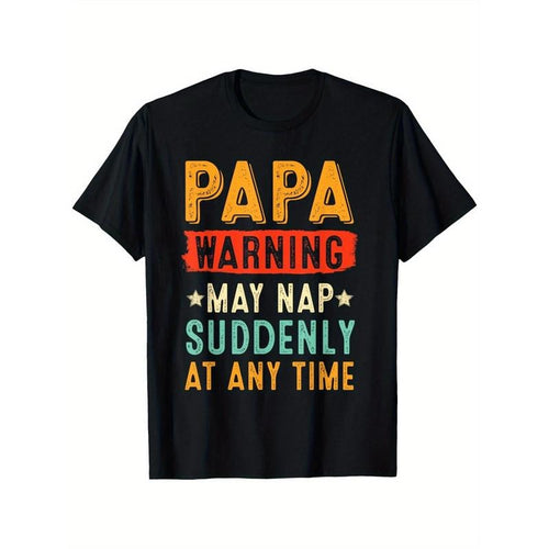 1pc Vintage "Papa Warning May Nap Suddenly" Printed T-Shirt, 100% Cotton, Knit Fabric, Round Neck, Regular Fit, Mature...