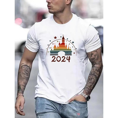 2024 Castle Print Relaxed Fit Men's Round Neck Short-Sleeve Casual T-Shirt - Soft, Breathable, Lightweight, Comfortable...