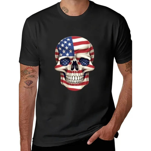 2024 New American Flag Skull short sleeve cotton T-shirt Made in USA Hoodie, Sweatshirt | TeeBloomCo.com
