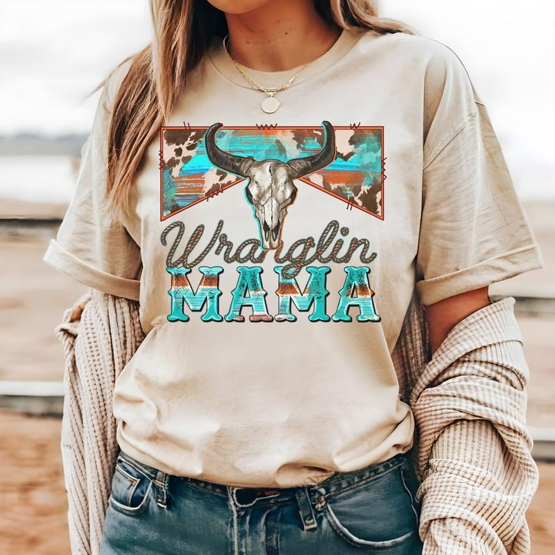 #215 - Wranglin Mama Western Boho Cow Retro -  - Print Unisex Crew neck Tee T-shirt Hoodie, Sweatshirt | TeeBloomCo.com