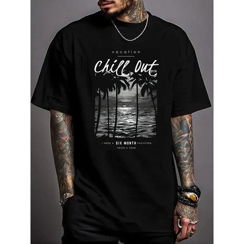 220g High-Quality Cotton Palm Tree Creative Print Short Sleeve T-Shirt - Soft, Breathable, Slightly Stretchy, Casual...