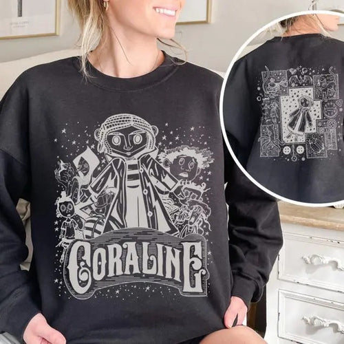2side_Coraline Doll Sweatshirt, Coraline Fan Horror Film TShirt, Cartoon Movie Hoodie, Spooky Halloween Cartoon Film...