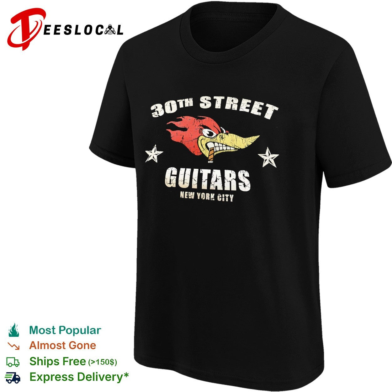 30th Street Guitars New York City Woody Woodpecker smoking cigar logo shirt