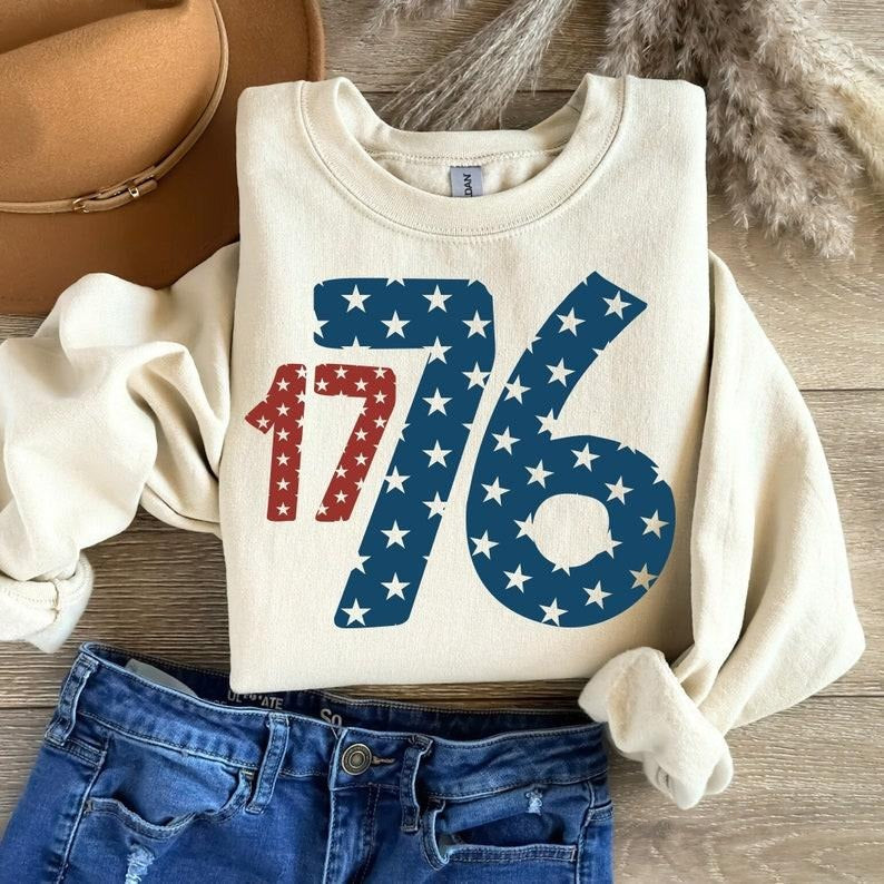 1776 America 4th of July Shirt, 3/4 Length Crew Neck, Casual Style, Graphic Design,  Cotton (Solid Colors), Ideal for All...