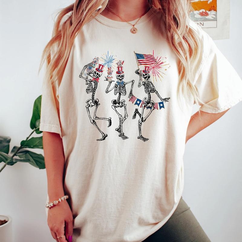 4th of July Dancing Skeleton Shirt, American Flag Shirt, 4th of July, Stars and Stripes Shirt, Red White Blue, Comfort...