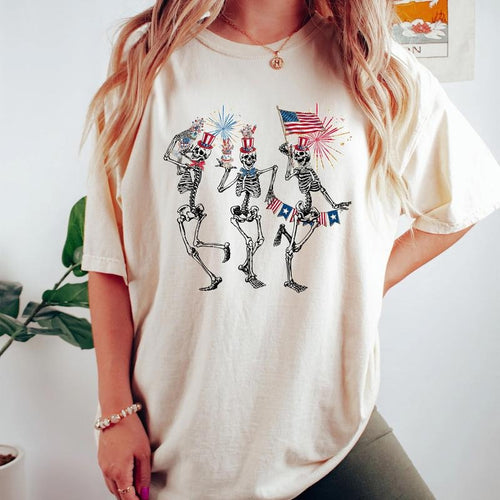4th of July Dancing Skeleton Shirt, American Flag Shirt, 4th of July, Stars and Stripes Shirt, Red White Blue, Comfort...