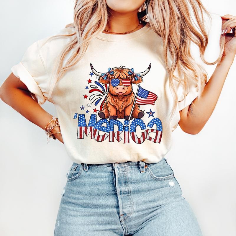 4th of July Highland Cow Tshirt, Glitter 4th of July Tshirt, American Flag Shirt, Cute USA Shirt, Graphic Tee For Women,...