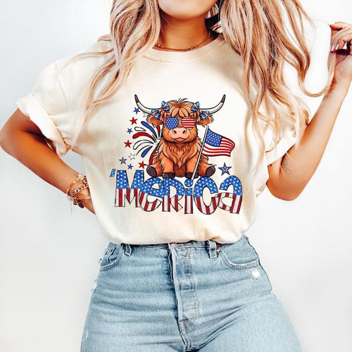 4th of July Highland Cow Tshirt, Glitter 4th of July Tshirt, American Flag Shirt, Cute USA Shirt, Graphic Tee For Women,...