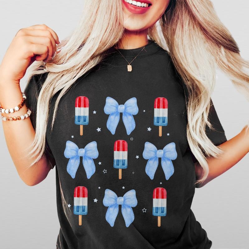 4th of July Popsicle and Coquette Bow Shirt, Patriotic T-Shirt, Independence Day Outfit, USA Flag Popsicle Tee, Retro 4th...