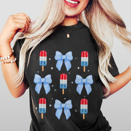 4th of July Popsicle and Coquette Bow Shirt, Patriotic T-Shirt, Independence Day Outfit, USA Flag Popsicle Tee, Retro 4th...