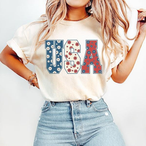 4th of July Shirt, USA Floral Flowers Tshirt, Independence day Women Tee & Sweatshirt Hoodie Cotton Crewneck | TeeBloomCo.com