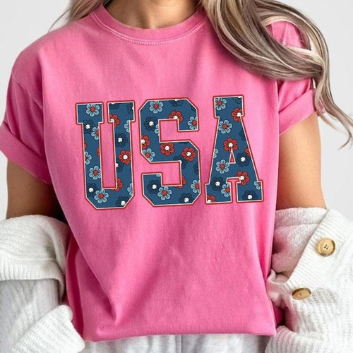 4th of July Shirt, USA Retro Shirts, 4th Of July Tee, Shirts For Women, Floral USA Shirt, American Graphic Tee, Trendy...