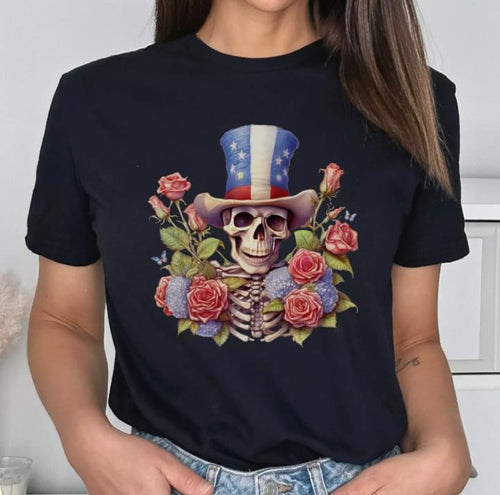 4th of July Skeleton Flower T Shirt Independence Day USA Graphic Tee S-3XL Hoodie, Sweatshirt | TeeBloomCo.com