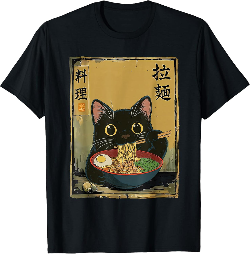Kawaii Cat Eating Ramen Noodles Anime Gift Tee